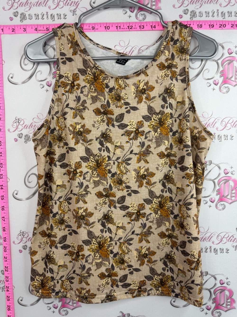 SHEIN tank top flowers yellow Beige Floral Sleeveless Tank Top with Gold Accents
